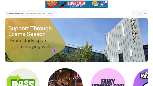 Screenshot of the The University Of Sheffield Students' Union website