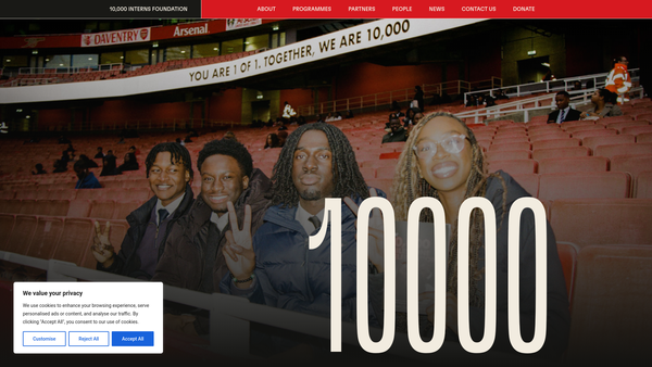 Screenshot of the The 10,000 Interns Foundation website