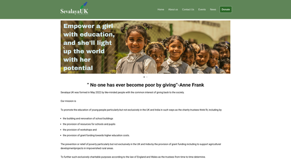 Screenshot of the Sevalaya UK website
