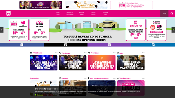 Screenshot of the Teesside University Students' Union website