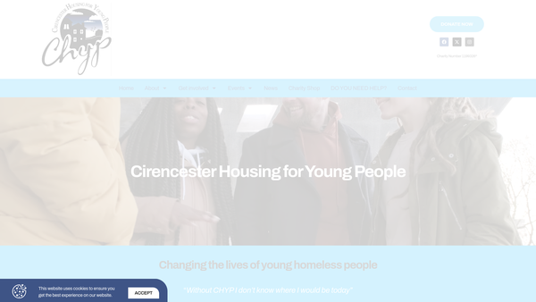 Screenshot of the Cirencester Housing For Young People website