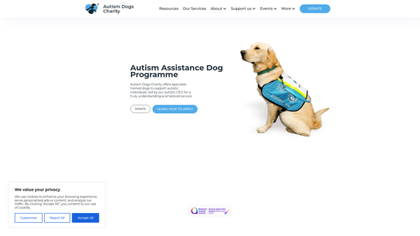 Screenshot of the The Autism Assistance Dogs Charity website