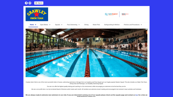 Screenshot of the Crawley Swimming Club website