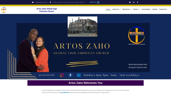 Screenshot of the Artos Zaho Global Vigil Christian Church website