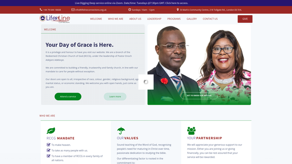 Screenshot of the The Redeemed Christian Church Of God Lifeline Connections website