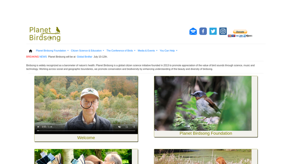 Screenshot of the Planet Birdsong Foundation website