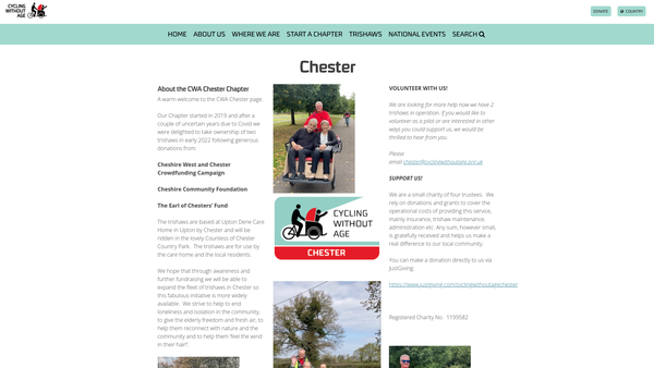 Screenshot of the Cycling Without Age Chester website