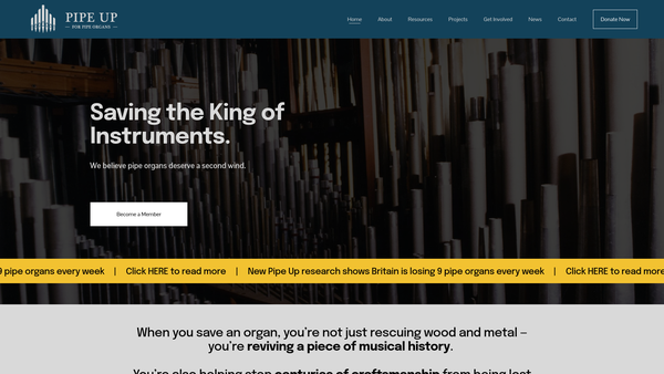Screenshot of the Pipe Up For Pipe Organs website