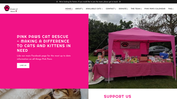 Screenshot of the Pink Paws Cat Rescue website