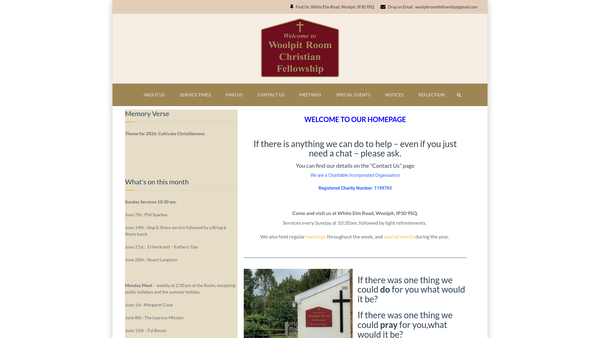 Screenshot of the Woolpit Room Christian Fellowship website