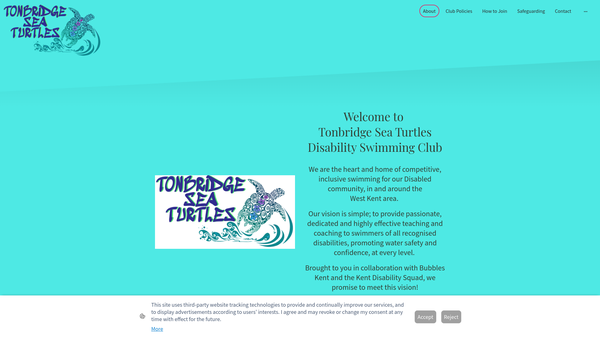 Screenshot of the Tonbridge Sea Turtles Disability Swimming Club website