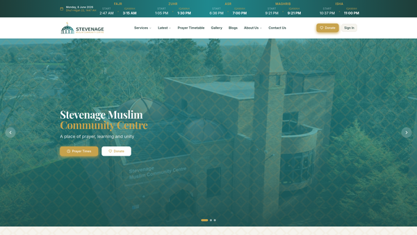 Screenshot of the Stevenage Muslim Community Centre website