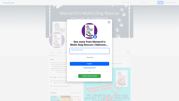 Screenshot of the Monarch's Mutts Dog Rescue website