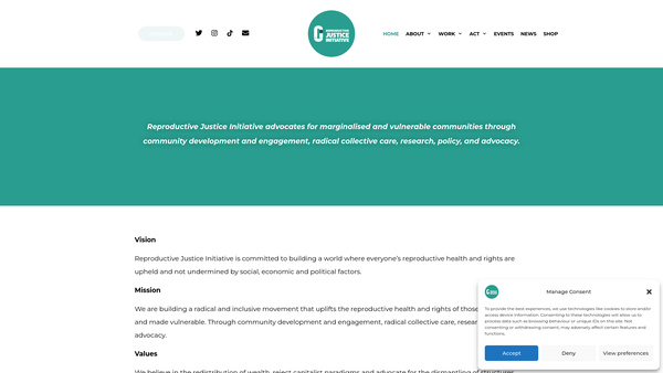 Screenshot of the Reproductive Justice Initiative CIO website