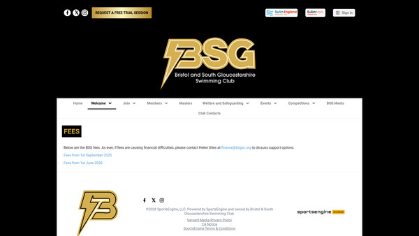 Screenshot of the Bristol and South Gloucestershire Swimming Club website