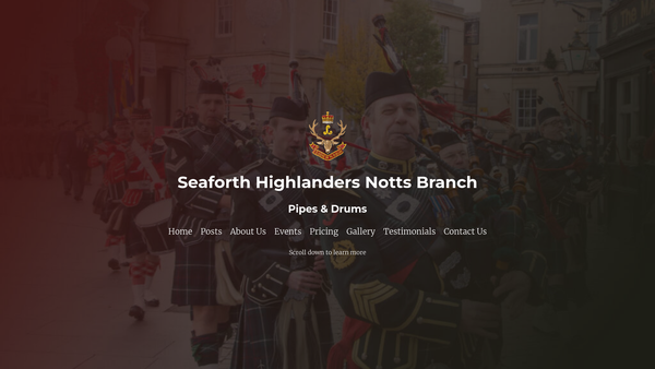 Screenshot of the Seaforth Highlanders Association Notts Branch Pipes And Drums website