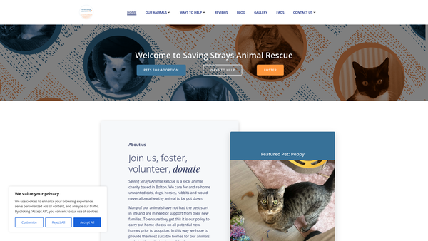 Screenshot of the Saving Strays Animal Rescue website