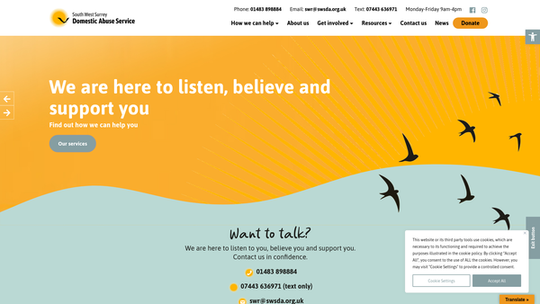 Screenshot of the South West Surrey Domestic Abuse Service website