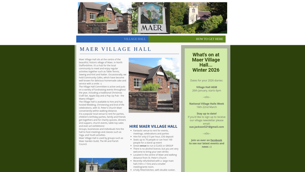 Screenshot of the Maer Village Hall website