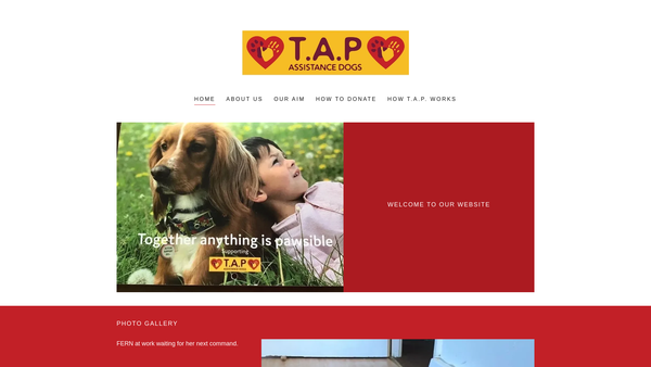 Screenshot of the T.a.p. Assistance Dogs (Together Anything Is Pawsible) website