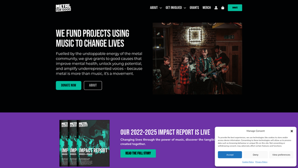 Screenshot of the Metal For Good website