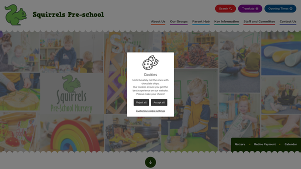 Screenshot of the Squirrel's Pre-School (Delamere Park) website