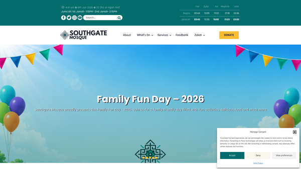 Screenshot of the Southgate Mosque And Community Centre Ltd website