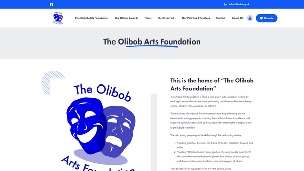 Screenshot of the The Olibob Arts Foundation website