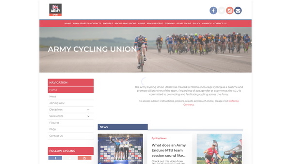 Screenshot of the Army Cycling Union website