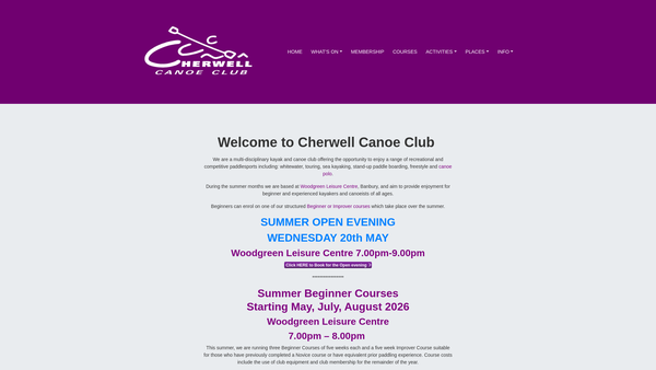 Screenshot of the Cherwell Canoe Club website