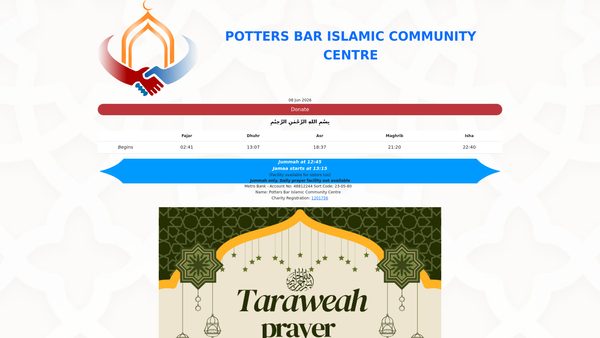 Screenshot of the Potters Bar Islamic Community Centre website