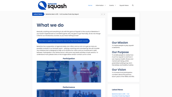 Screenshot of the Royal Berkshire Squash Rackets Association website