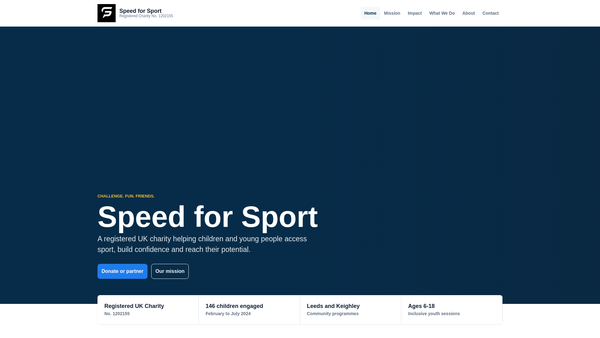 Screenshot of the Speed For Sport website