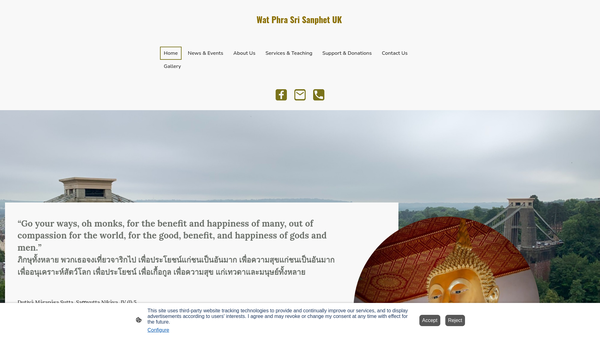 Screenshot of the The Thai Buddhist South West Trust (Wat Phra Sri Sanphet) website