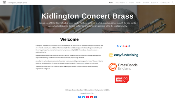 Screenshot of the Kidlington Concert Brass Band website
