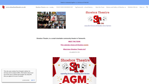 Screenshot of the Shoebox Theatre CIO website
