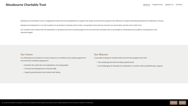 Screenshot of the Mossbourne Charitable Trust CIO website