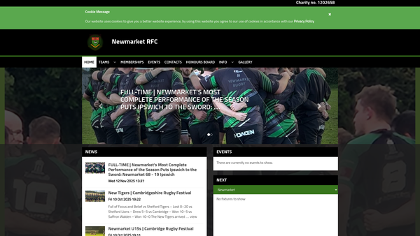 Screenshot of the Newmarket Rugby Union Football Club website