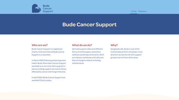 Screenshot of the Bude Cancer Support website