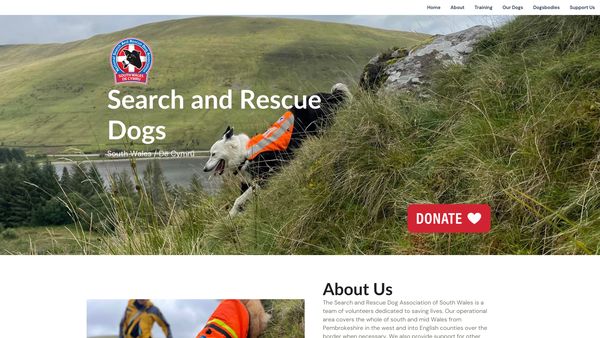 Screenshot of the Sarda (South Wales) Mountain Rescue Search Dogs website
