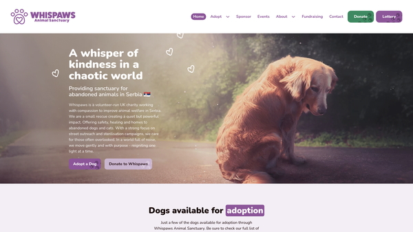 Screenshot of the Whispaws Animal Sanctuary website