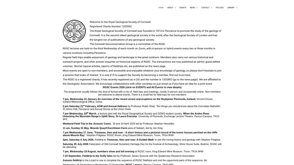 Screenshot of the Royal Geological Society Of Cornwall website