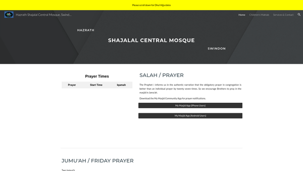 Screenshot of the Hazrath Shajalal Central Mosque Swindon website