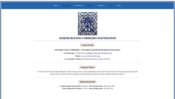 Screenshot of the Joseph Rufino Cordeiro Foundation website