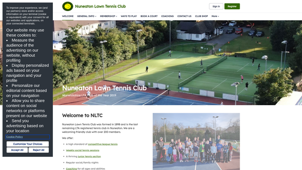 Screenshot of the Nuneaton Lawn Tennis Club website