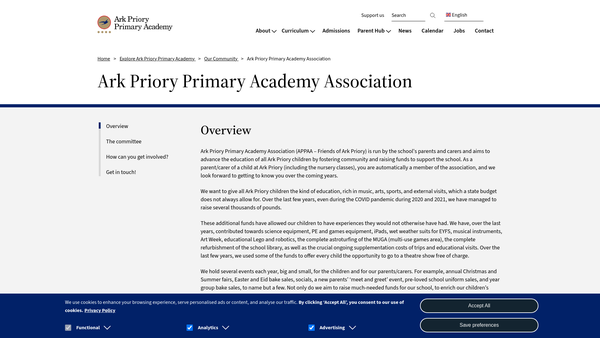 Screenshot of the Ark Priory Primary Academy Association website
