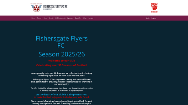 Screenshot of the Fishersgate Flyers Football Club website