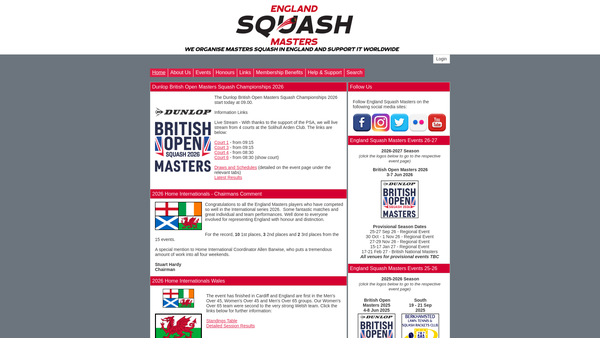 Screenshot of the England Squash Masters website