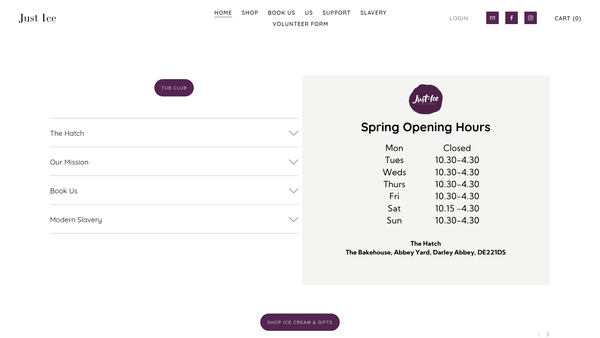 Screenshot of the Just Ice website