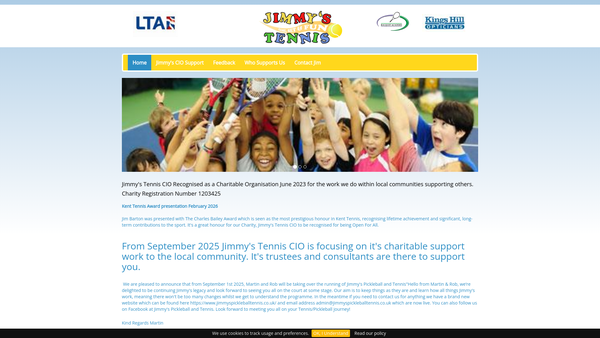 Screenshot of the Jimmy's Tennis CIO website